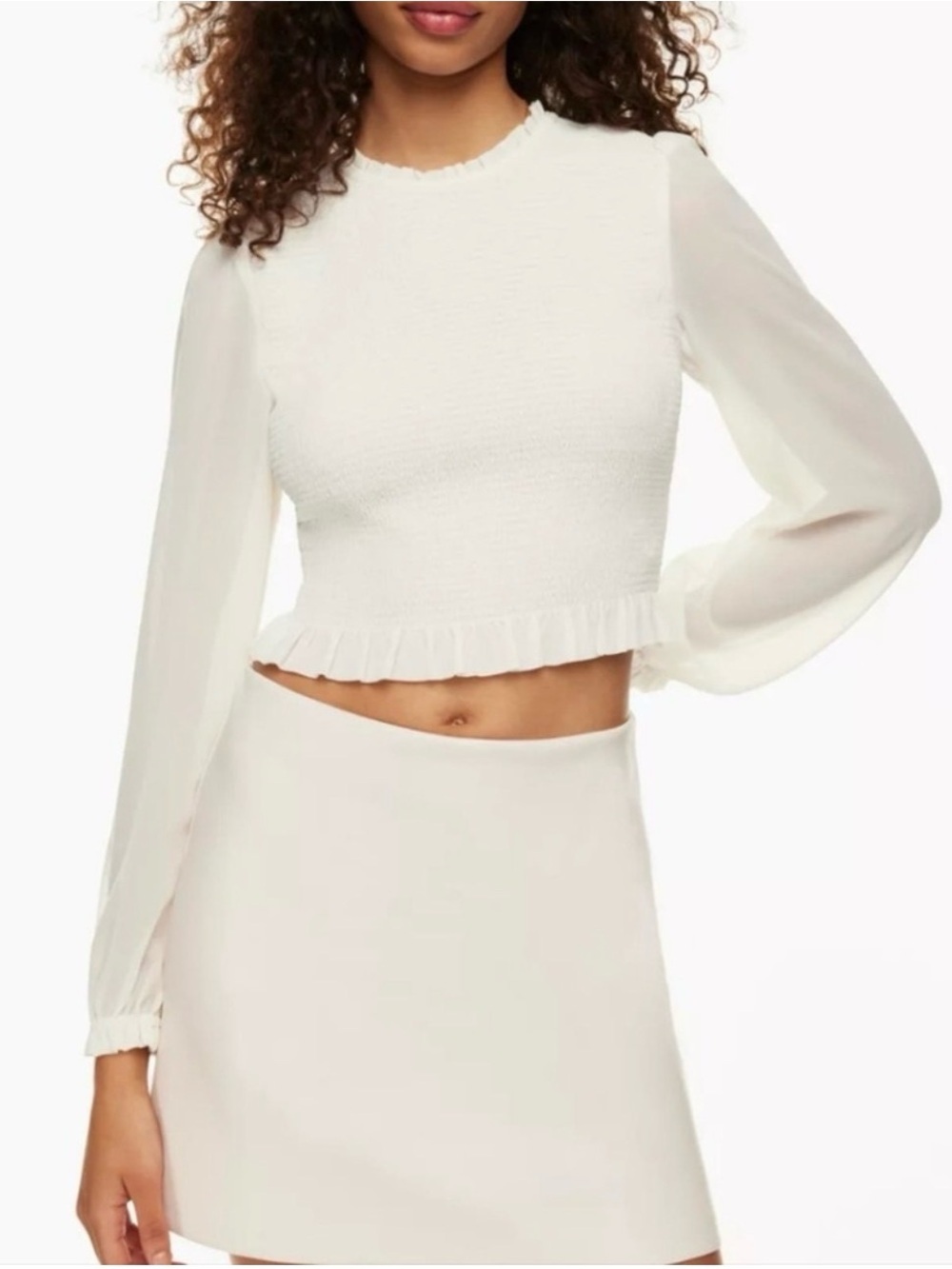 Aritzia Wilfred Tempest Blouse Top Ruffle Off White Smocked Puff Sheer Sleeves,M